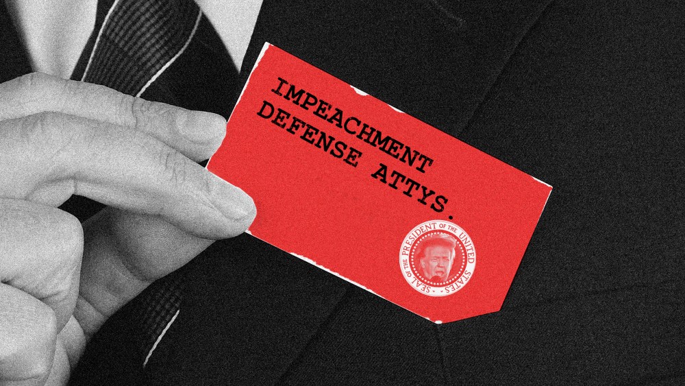 Photo illustration of a hand pulling out a business card that reads,"Impeachment Defense Attys." along with a POTUS seal that has Donald's Trump face in it.