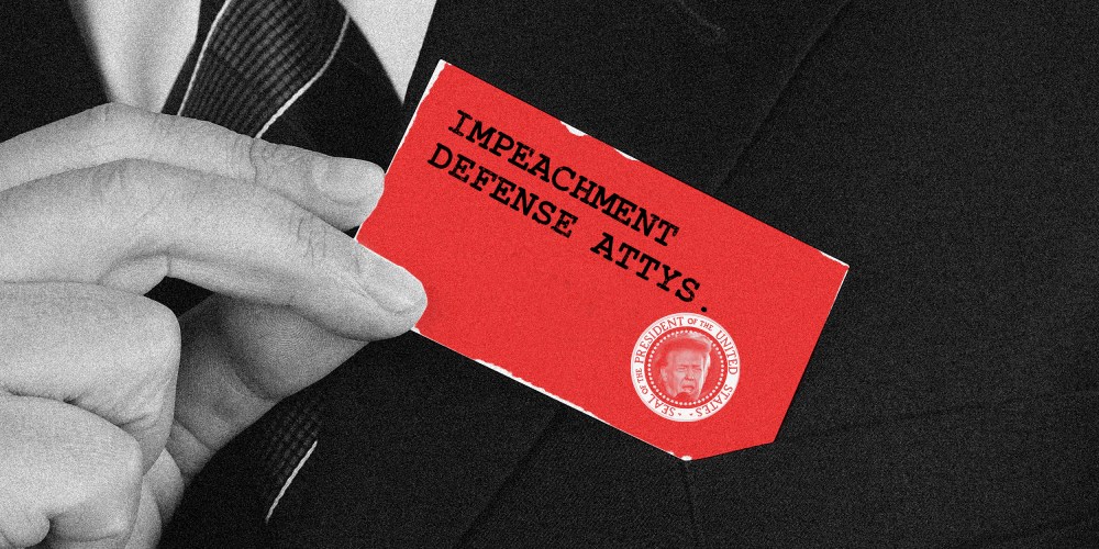 Photo illustration of a hand pulling out a business card that reads,"Impeachment Defense Attys." along with a POTUS seal that has Donald's Trump face in it.