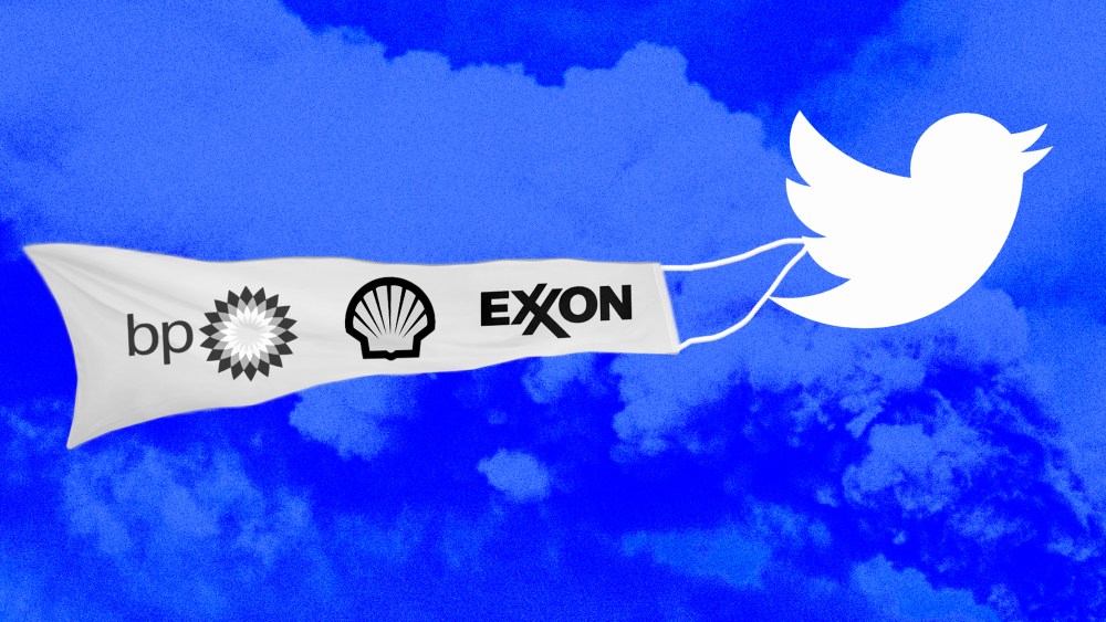 Photo illustration of the Twitter bird carrying a banner with BP, Shell and Exxon logos on it.