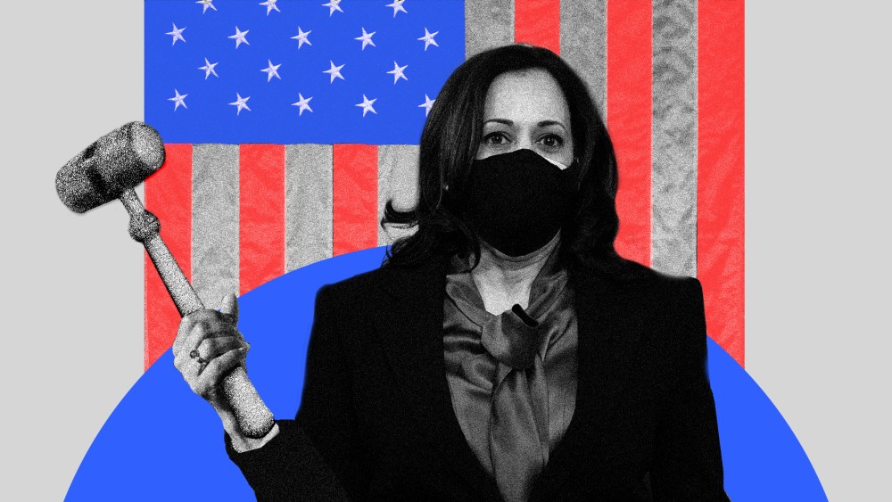Photo illustration of Vice President Kamala Harris holding a gavel against the American flag.