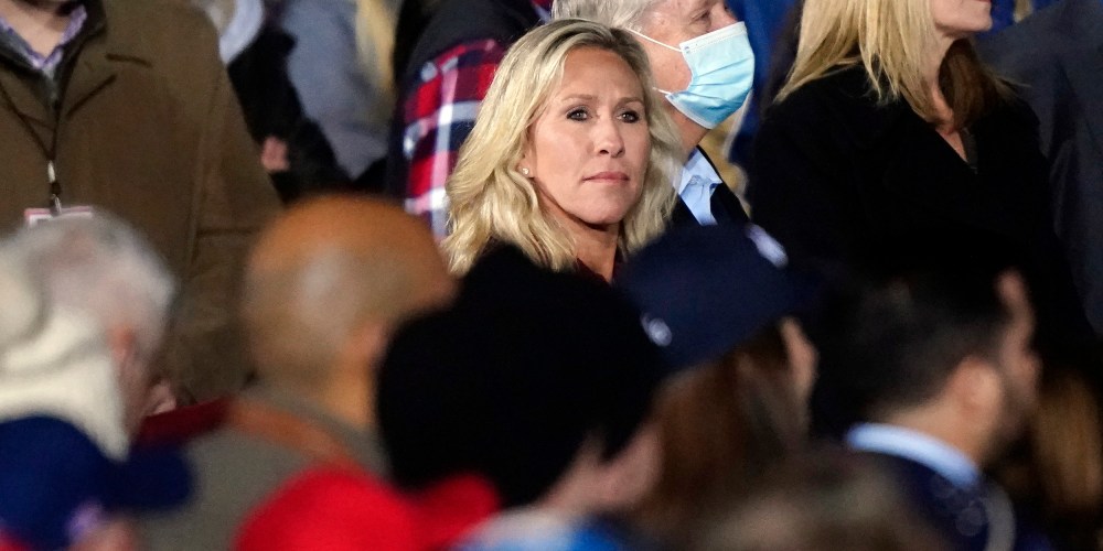 Image: Marjorie Taylor Greene at a campaign rally in Dalton Georgia