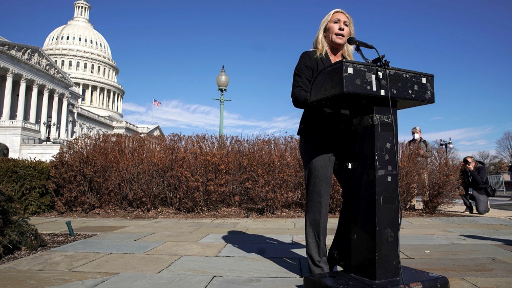 Image: U.S. Representative Marjorie Taylor Greene holds news conference on Capitol Hill in Washington