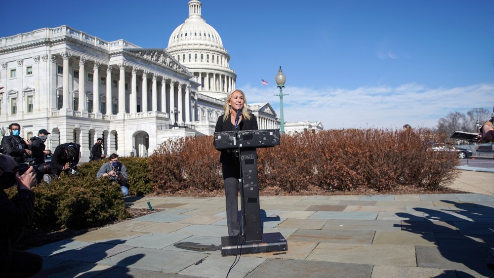 Image: U.S. Representative Marjorie Taylor Greene holds news conference on Capitol Hill in Washington