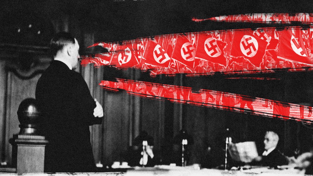 Photo illustration of Adolf Hitler speaking during his trial. Scratches on the images reveal an image of Nazis marching with their flags with a red overlay.
