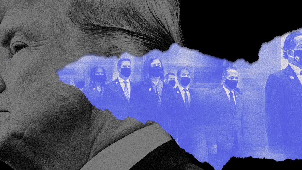 Photo illustration of Donald Trump looking to the left and a tear reveals a blue image of the impeachment managers led by Jamie Raskin.