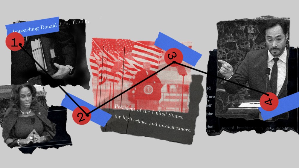 Photo collage showing images of a hand holding a file, Del. Stacey Plaskett speaking, Donald Trump speaking on a stage and Joaquin Castro, connected with a graph.