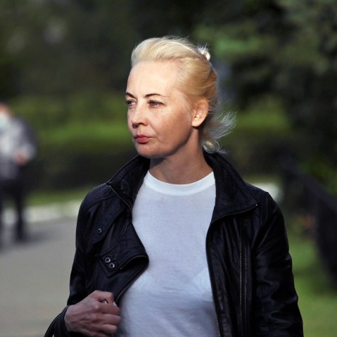 Yulia Navalnaya, wife of Russian opposition leader Alexei Navalny, walks near a hospital in Omsk