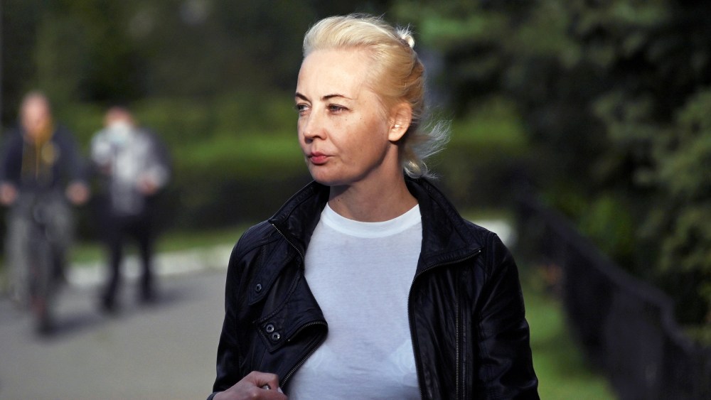 Yulia Navalnaya, wife of Russian opposition leader Alexei Navalny, walks near a hospital in Omsk