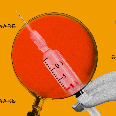Photo illustration of a magnifying glass with a red lens over a hand holding a vaccine. Text around it that reads "Beware", "Covid-19 vaccine", has been crossed out.