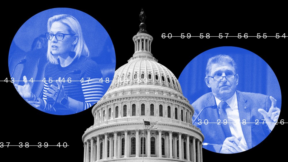 Photo illustration of Sen. Kyrsten Sinema and Sen. Joe Manchin on either sides of the capitol dome. Lines with struck down numbers run across the image that count up to 60.