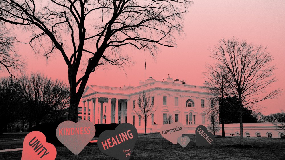 Image: Valentine's Day messages decorate the White House lawn on Feb. 12, 2021. First lady Jill Biden organized the installation.