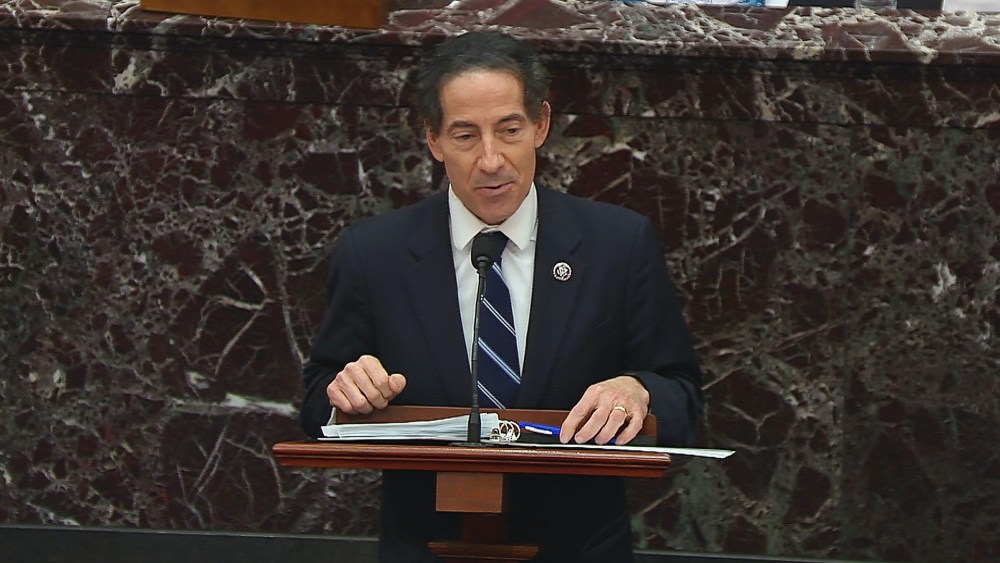 House impeachment manager Rep. Jamie Raskin, D-Md., speaks during closing arguments in the impeachment trial of former President Donald Trump on Feb. 13, 2021.