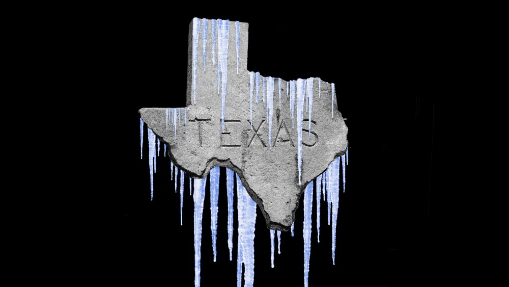Photo illustration of an engraved sign that reads,"TEXAS" in the shape of the state is covered with icicles.