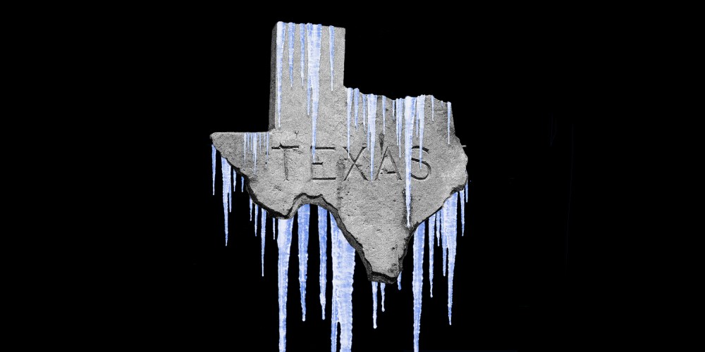 Photo illustration of an engraved sign that reads,"TEXAS" in the shape of the state is covered with icicles.