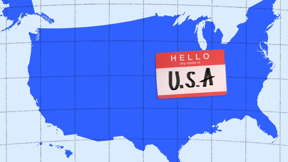 Photo illustration of the map of U.S.A with a tag that reads,"Hello, my name is U.S.A".