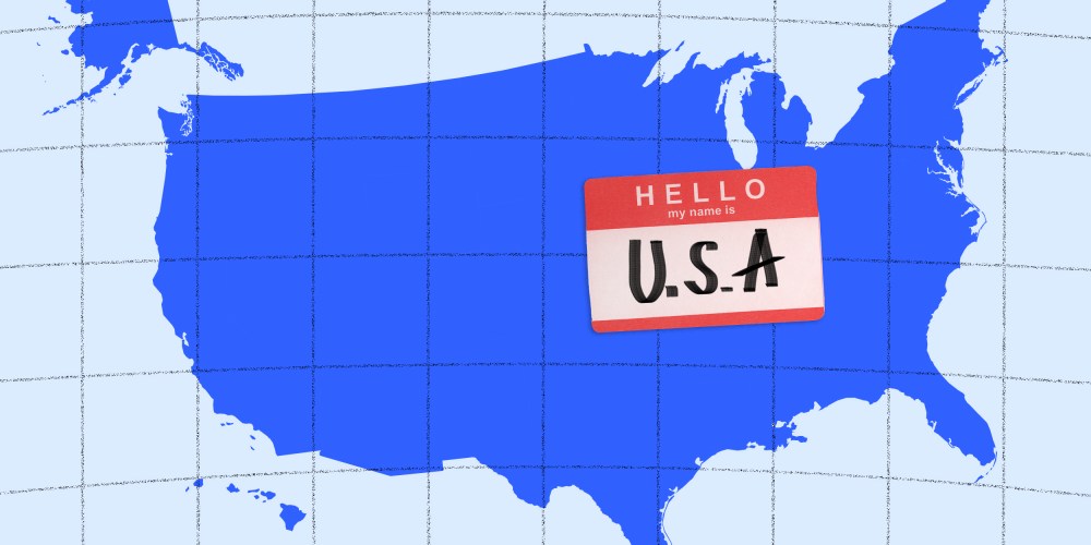 Photo illustration of the map of U.S.A with a tag that reads,"Hello, my name is U.S.A".