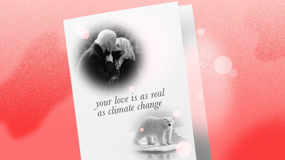 Photo illustration of a greeting card with images of President Joe Biden and First Lady Jill Biden kissing and a polar bear on a melting ice cap. Text on the card reads,"Your love is as real as climate change.".