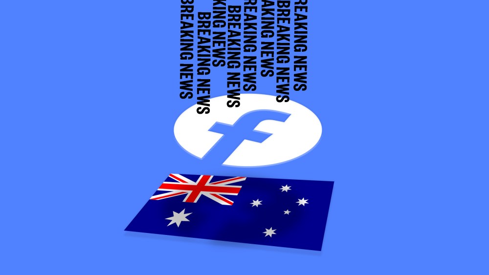 Illustration of the facebook icon hovering over the flag of Australia blocking streams of text that read,"Breaking News".
