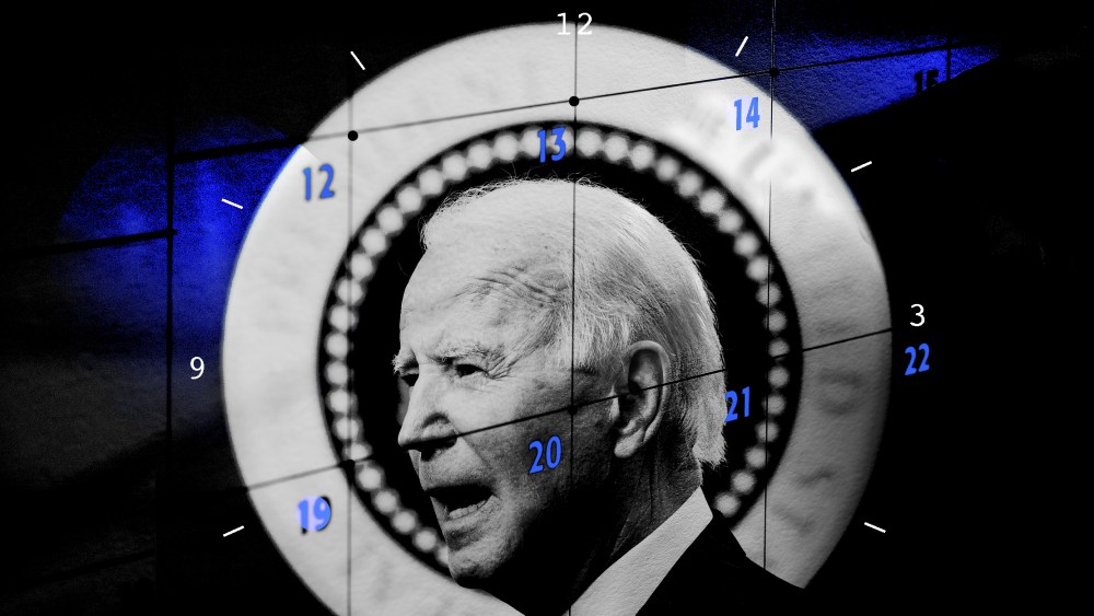 Photo illustration of President Joseph Biden juxtaposed with the dates on a calendar and digits of a clock.