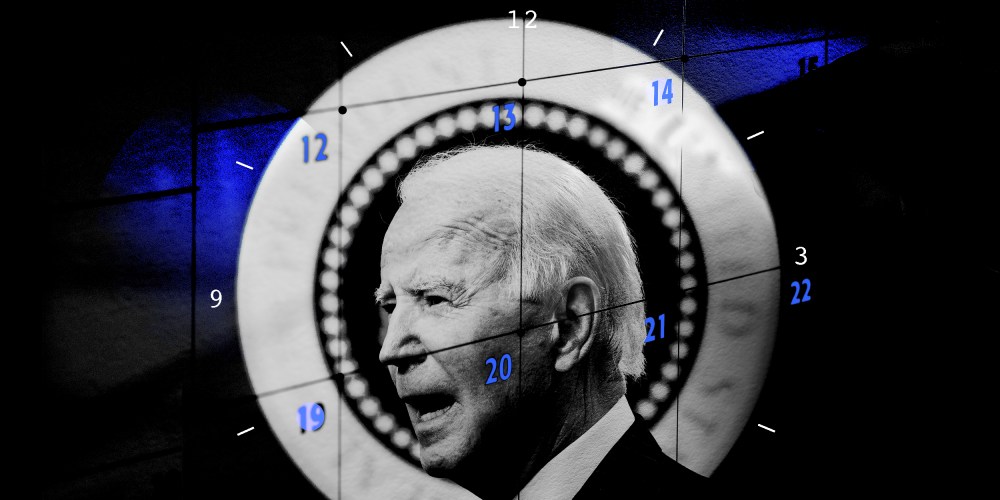 Photo illustration of President Joseph Biden juxtaposed with the dates on a calendar and digits of a clock.