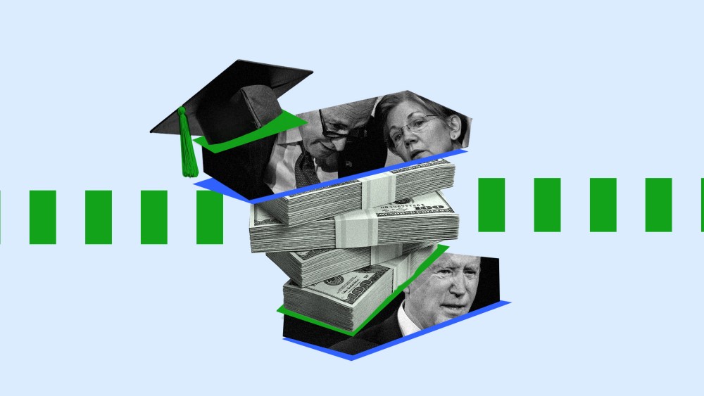 Image: Stacks of money is layered between an image of Elizabeth Warren and Chuck Schumer on top and and image of President Joe Biden at the base. A graduation cap sits on top of the pile.