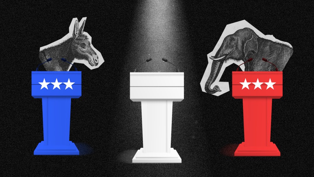 Photo illustration of three podiums on a stage with a donkey behind the blue podium on the left and elephant behind the red podium to the right. A spotlight is on an empty white podium in the centre.