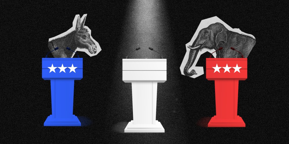 Photo illustration of three podiums on a stage with a donkey behind the blue podium on the left and elephant behind the red podium to the right. A spotlight is on an empty white podium in the centre.