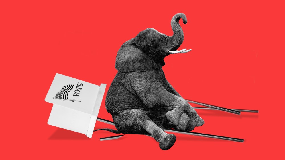 Photo illustration of an elephant sitting over a fallen voting booth