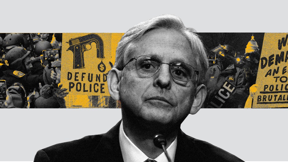 Photo collage of Merrick Garland against a reel of images of police at the Capitol riot along with protest banners that read,"Defund the Police" and "We demand an end to police brutality".