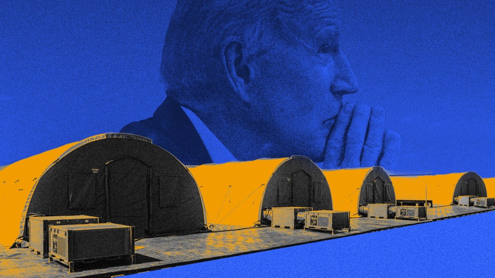 Photo illustration with a profile of President Joseph Biden in the background and a row of intensive care tents in the foreground.