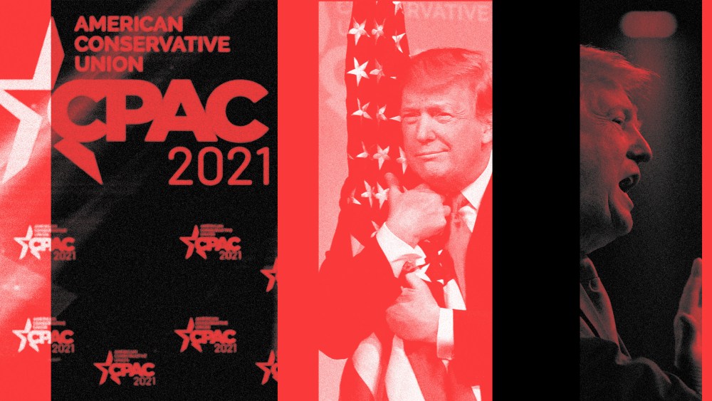 Photo collage of the stage at CPAC 2021, Donald Trump hugging the American flag and Donald Trump speaking on stage.
