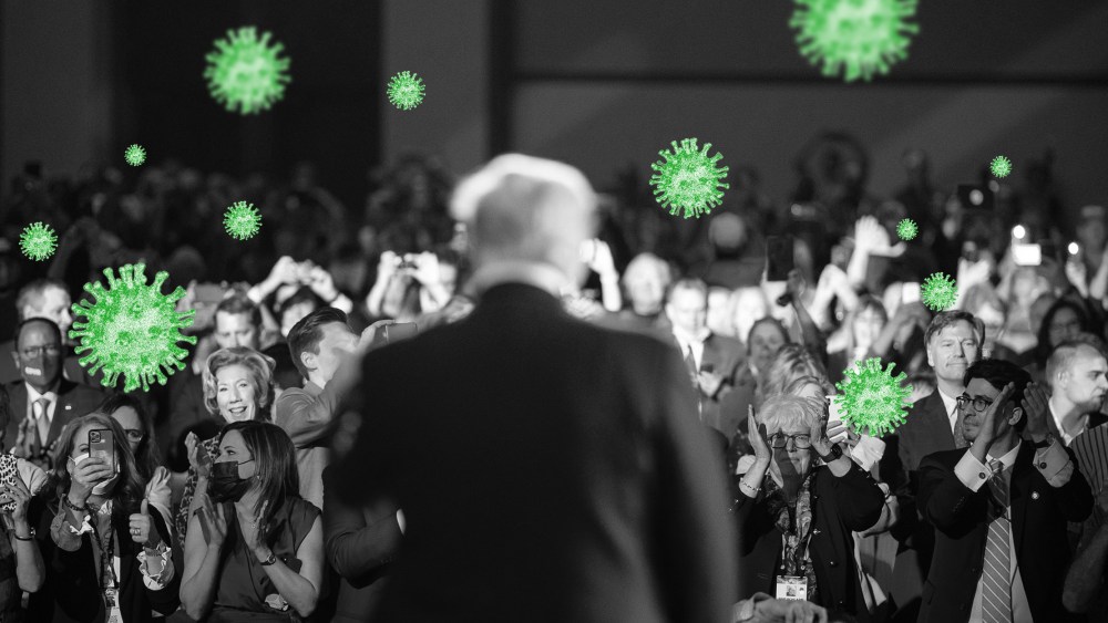 Photo illustration of green COVID-19 spores in the audience as Former President Donald Trump speaks at the Conservative Political Action Conference (CPAC).