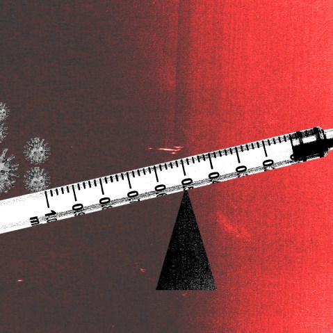 Photo illustration of a vaccine as a weighting scale that is weighed down more on one side by COVID-19 spores than the other.