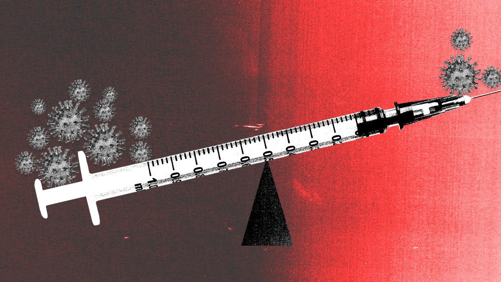 Photo illustration of a vaccine as a weighting scale that is weighed down more on one side by COVID-19 spores than the other.