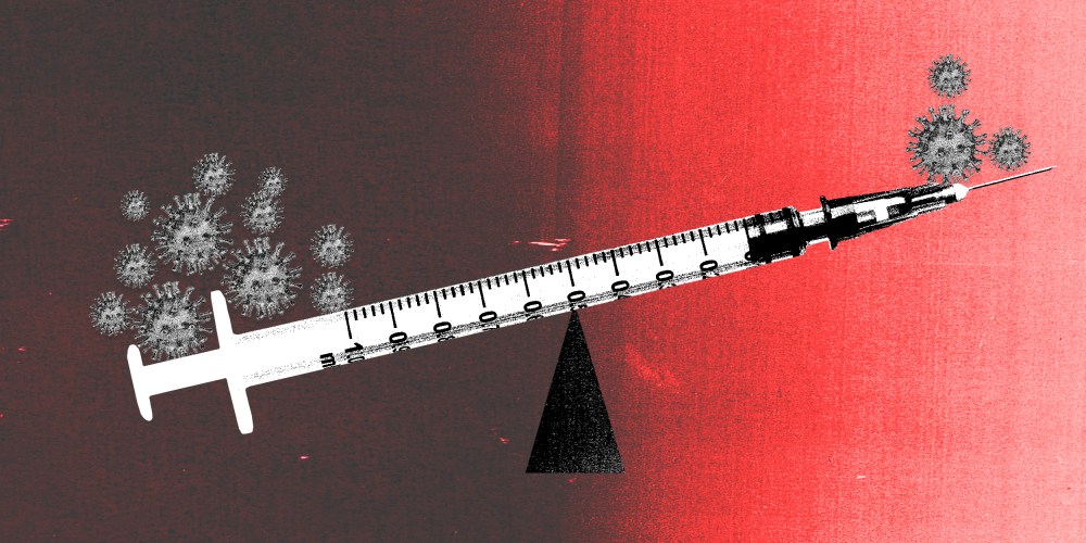 Photo illustration of a vaccine as a weighting scale that is weighed down more on one side by COVID-19 spores than the other.