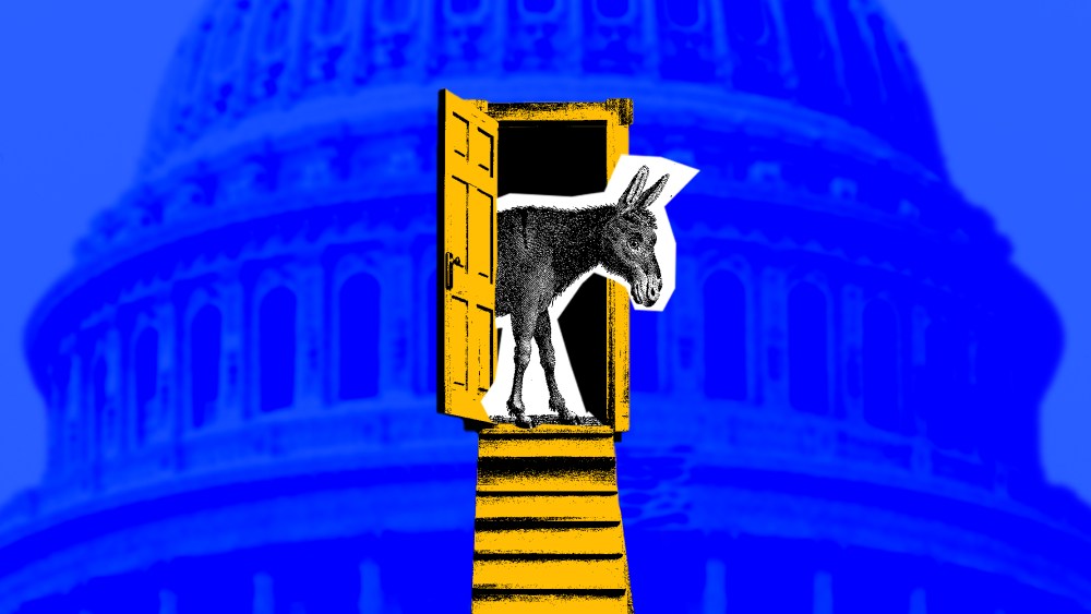 Photo illustration of a donkey looking out of a door against the backdrop of the U.S.Capitol Dome.