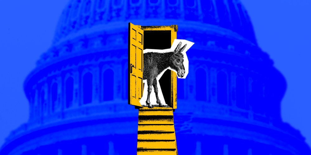Photo illustration of a donkey looking out of a door against the backdrop of the U.S.Capitol Dome.