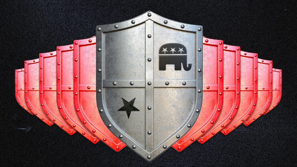 Photo illustration of a shields going in two different directions. The top most shield has the GOP part symbol on it.