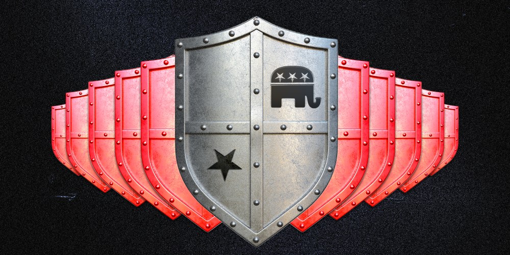 Photo illustration of a shields going in two different directions. The top most shield has the GOP part symbol on it.