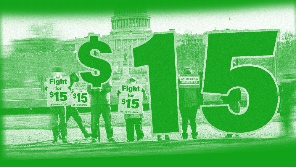 Photo illustration of activists appeal for a $15 minimum wage near the Capitol in Washington.
