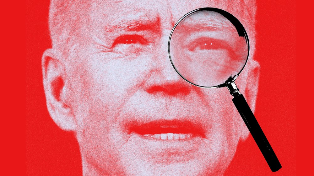 Photo illustration of a magnifying glass over U.S. President Joseph Biden's right eye.