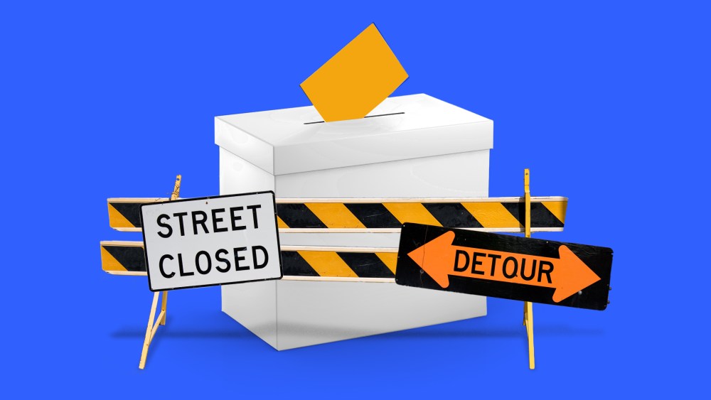 Photo illustration of a ballot box surrounded by barriers. Signs on the barrier read,"Road closed" and "Detour".