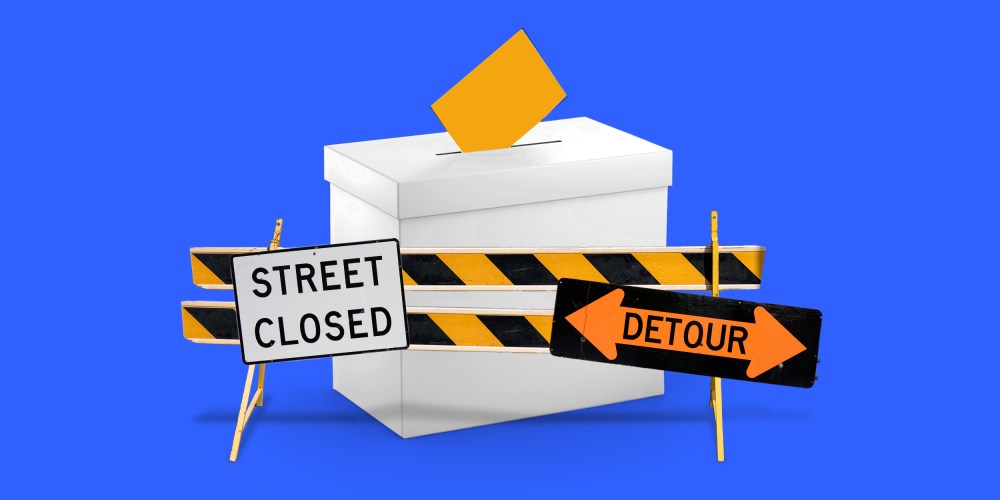 Photo illustration of a ballot box surrounded by barriers. Signs on the barrier read,"Road closed" and "Detour".