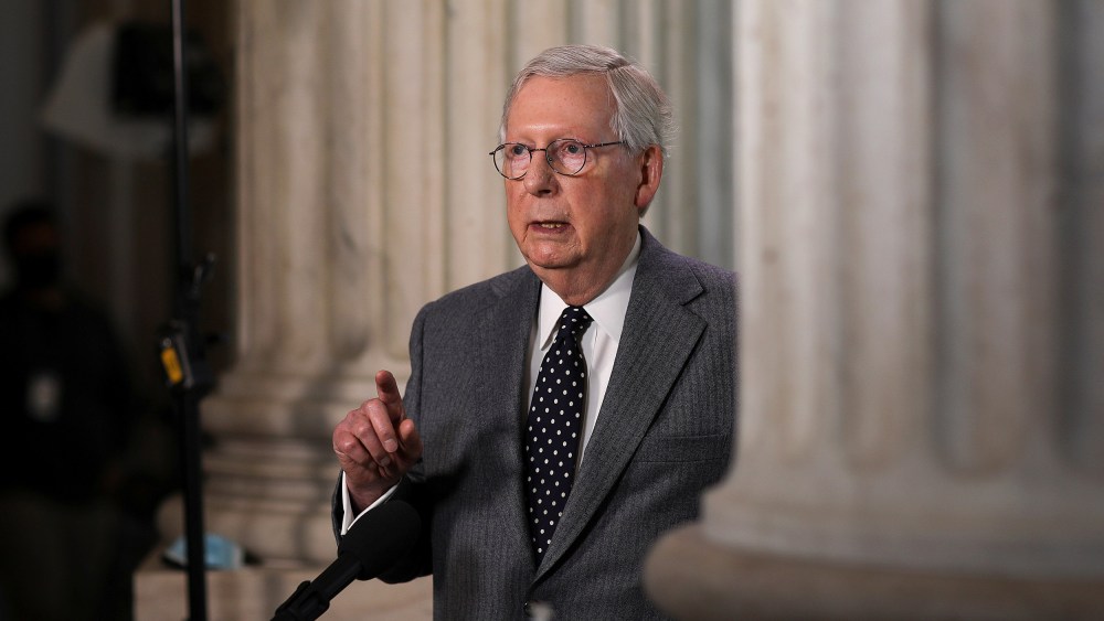 Image: Senate Minority Leader Mitch McConnell is interviewed on Capitol Hill in Washington
