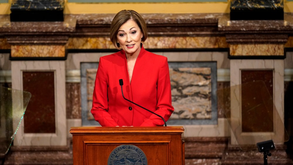 Iowa Gov. Kim Reynolds delivers her Condition of the State address before a joint session of the Iowa Legislature on Jan. 12, 2021