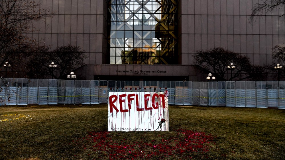 Image: A protest art piece created by Visual Black Justice outside of the Hennepin County Government Center before jury selection begins in the trial of former Minneapolis police officer Derek Chauvin on March 8, 2021.