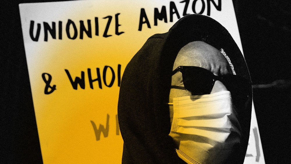 Image: A supporter of Amazon workers at a protest in New York on March 4, 2021.