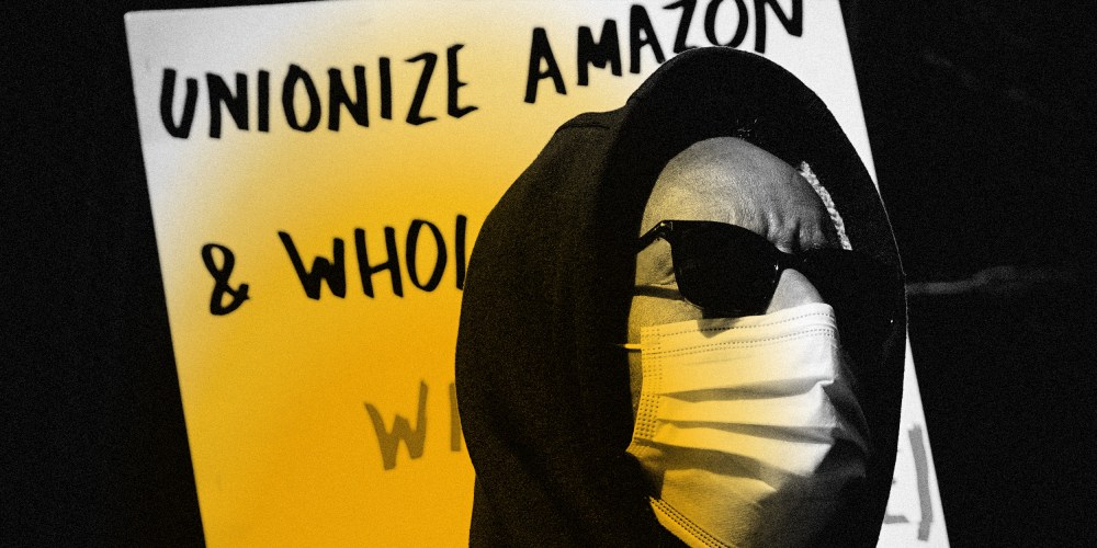 Image: A supporter of Amazon workers at a protest in New York on March 4, 2021.