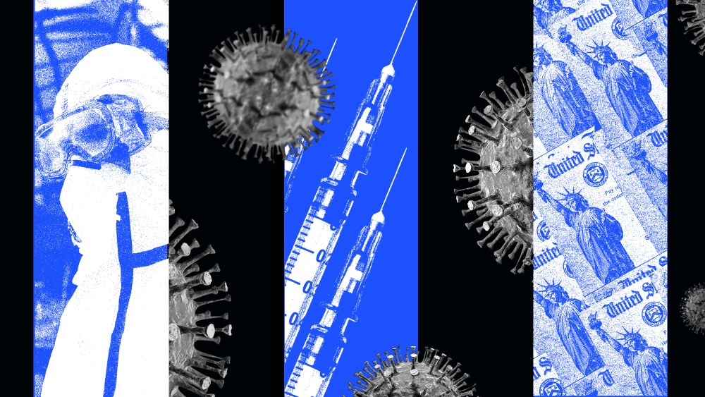Photo collage of healthcare workers in protective gear, vaccines and stimulus cheques amidst many COVID-19 spores.