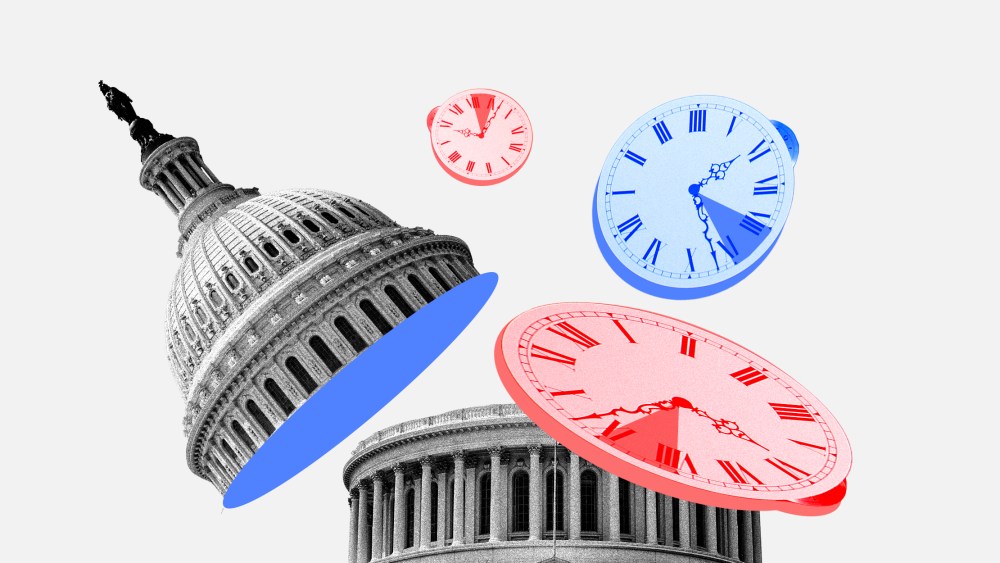Photo illustration of three clocks floating out of a dissected Capitol Dome.